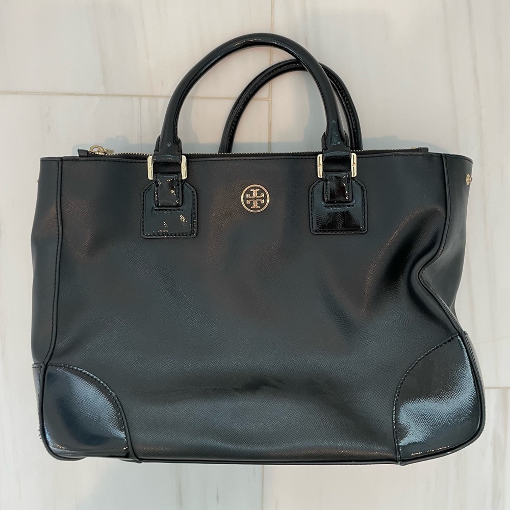 Tory Burch Black Leather Large Tote, Attachable Shoulder Strap